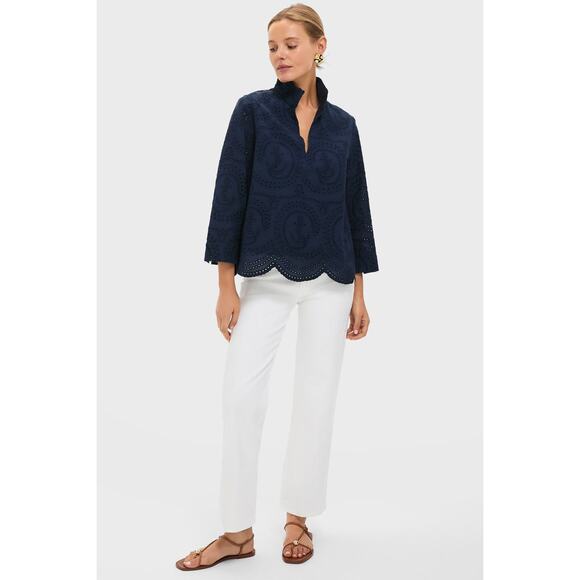 NOT FOR SALE - TUCKERNUCK Navy Nautical Eyelet Margot Stand Collar Blouse Size L - Picture 4 of 8